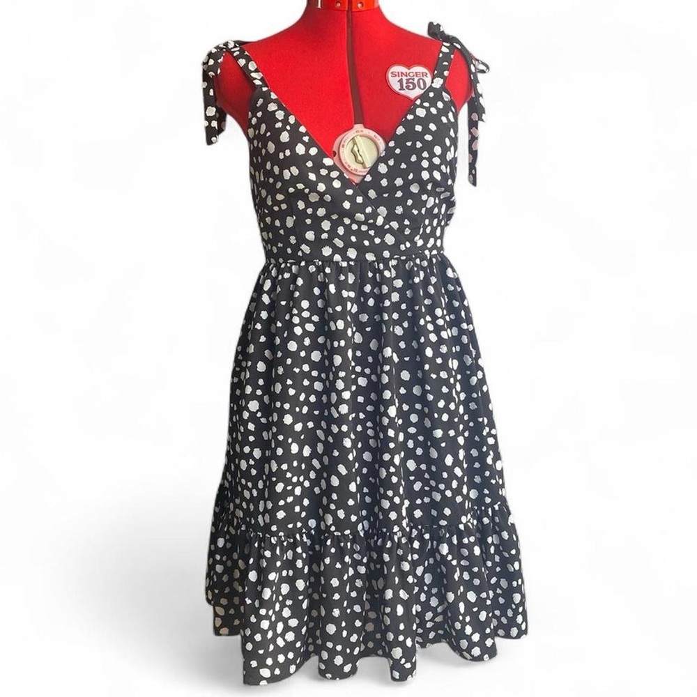 DAVI & DANI Black Dress with White Spot Print and Tie Shoulders